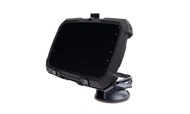 MDT765 7-inch mobile data terminal installed in a truck cabin for fleet management and navigation tasks.