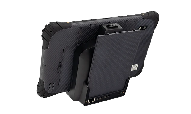 Close-up of MDT1065 rugged tablet with detachable full-metal mount bracket for stable and flexible installation.