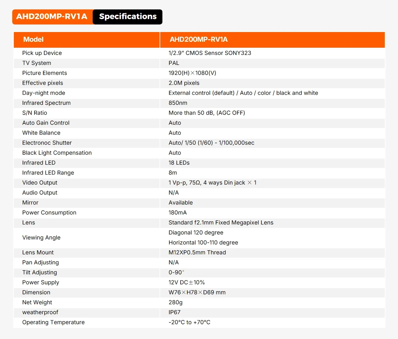 AHD200MP Specifications