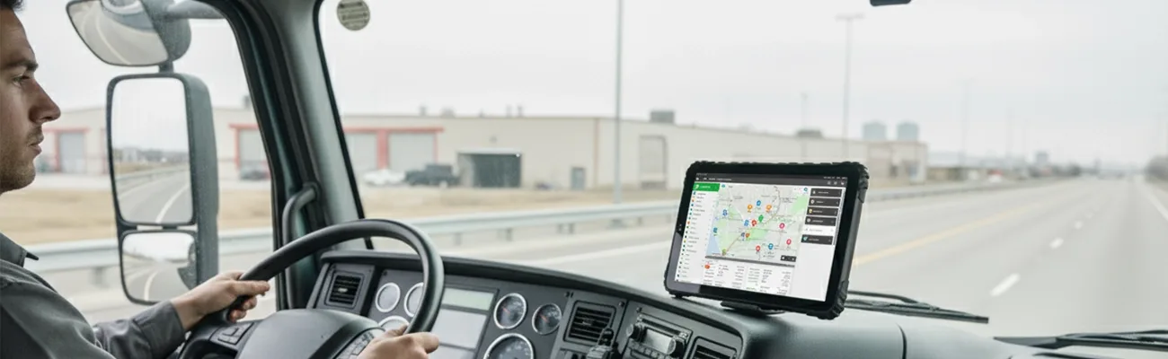 Rugged Android ELD tablet in commercial truck