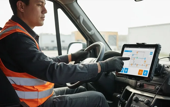 Route optimization performance dashboard on industrial tablet showing fuel efficiency and delivery time metrics