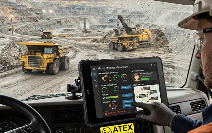 Dispatch integration system on rugged tablet showing task assignment and real-time driver communication interface