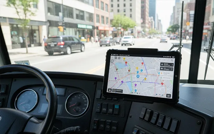 GPS location tracking on vehicle-mounted rugged tablet displaying delivery route monitoring and accurate positioning