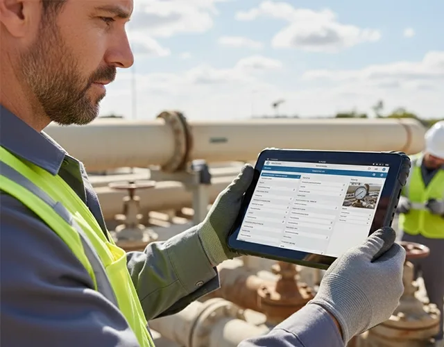 field service technician using tablet in outdoor environment