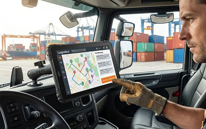 Multi-stop delivery route optimization on rugged Android tablet showing optimal stop sequence for logistics fleet