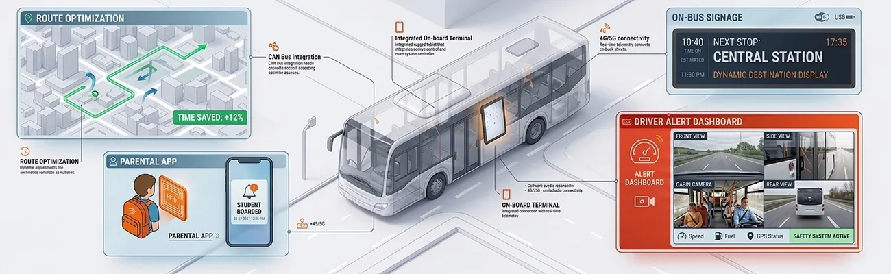 Bus tablet use cases: fleet management GPS tracking, school bus RFID check-in, passenger information system display, and onboard video monitoring for transit safety
