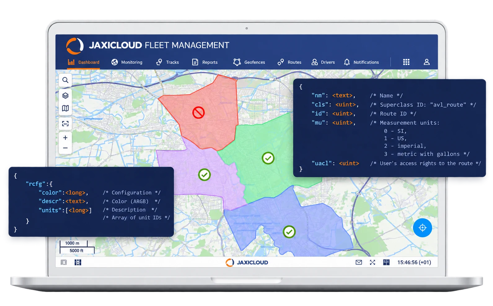 JAXICLOUD FLEET MANAGEMENT vist på en computer med kort og eksempler på API-kode
