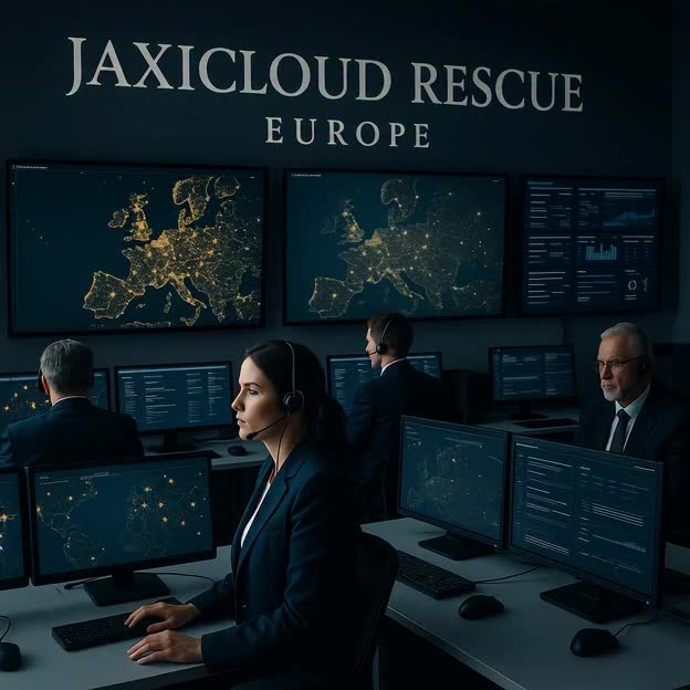 Kvindelig operatør med headset i JAXICLOUD RESCUE EUROPE kontrolcentralen